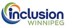Inclusion Winnipeg logo: blue, green and orange swirls around the letters "in" in inclusion and the word "Winnipeg" below it.