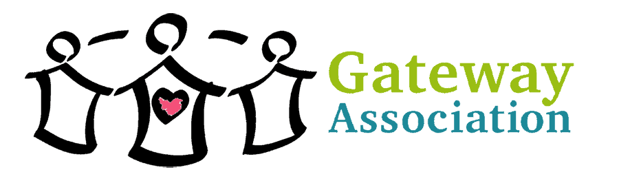 Gateway Association logo: outline of three people with body in shape of house - middle person has red heart in middle of body - beside words Gateway Association.