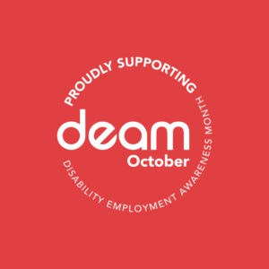 Disability Employment Awareness Month (DEAM) red on white logo.