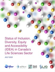 Image of report cover with text: “Status of Inclusion, Diversity, Equity and Accessibility (IDEA) in Canada’s Life Sciences Sector” - July 2023. Logos for Pfizer, adMare BioInnovations, Shift Health and Life Sciences Ontario.