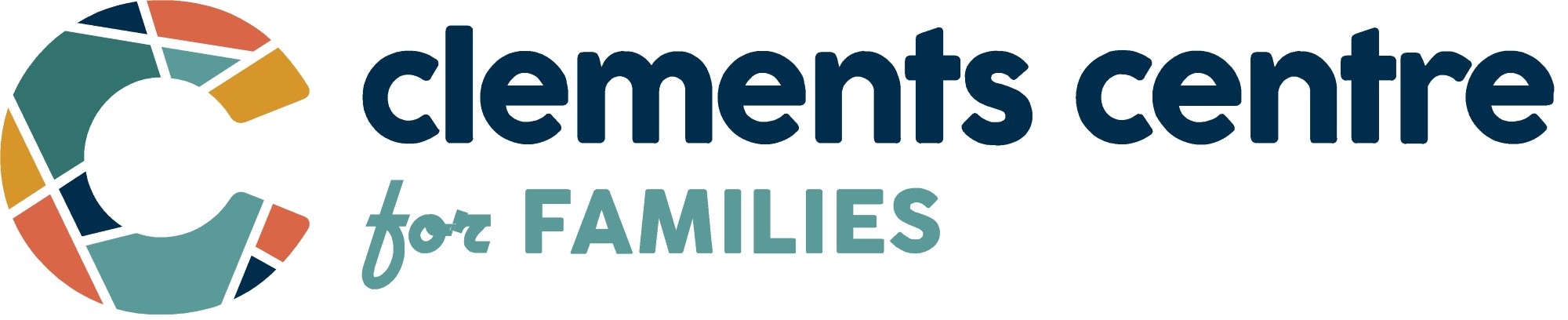 Logo: clements centre for FAMILIES. Thick letter "C" containing multiple shapes, each either teal, orange, yellow and dark blue.